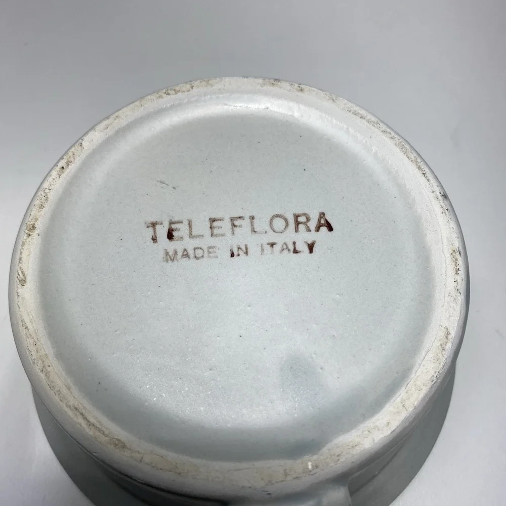 Teleflora Italy Stoneware Bowl‎ Teal Floral Hand Painted Soup Crock with Handle